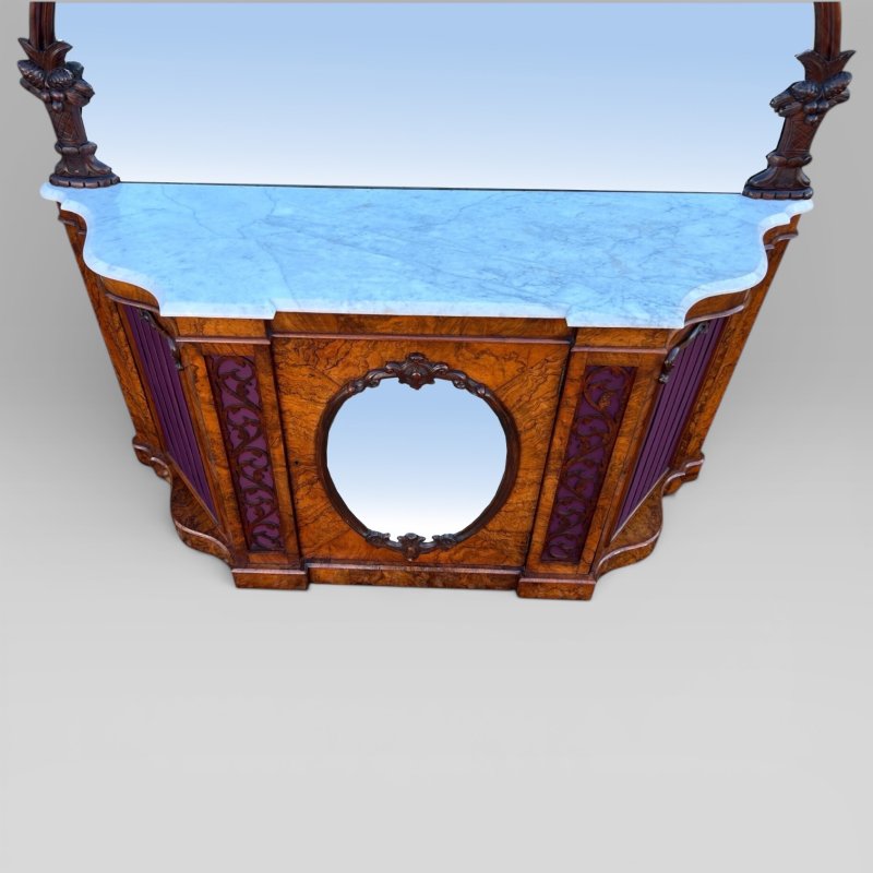 Antique Victorian Walnut & Marble Topped Carved Mirror Backed Sideboard Credenza - Image 4